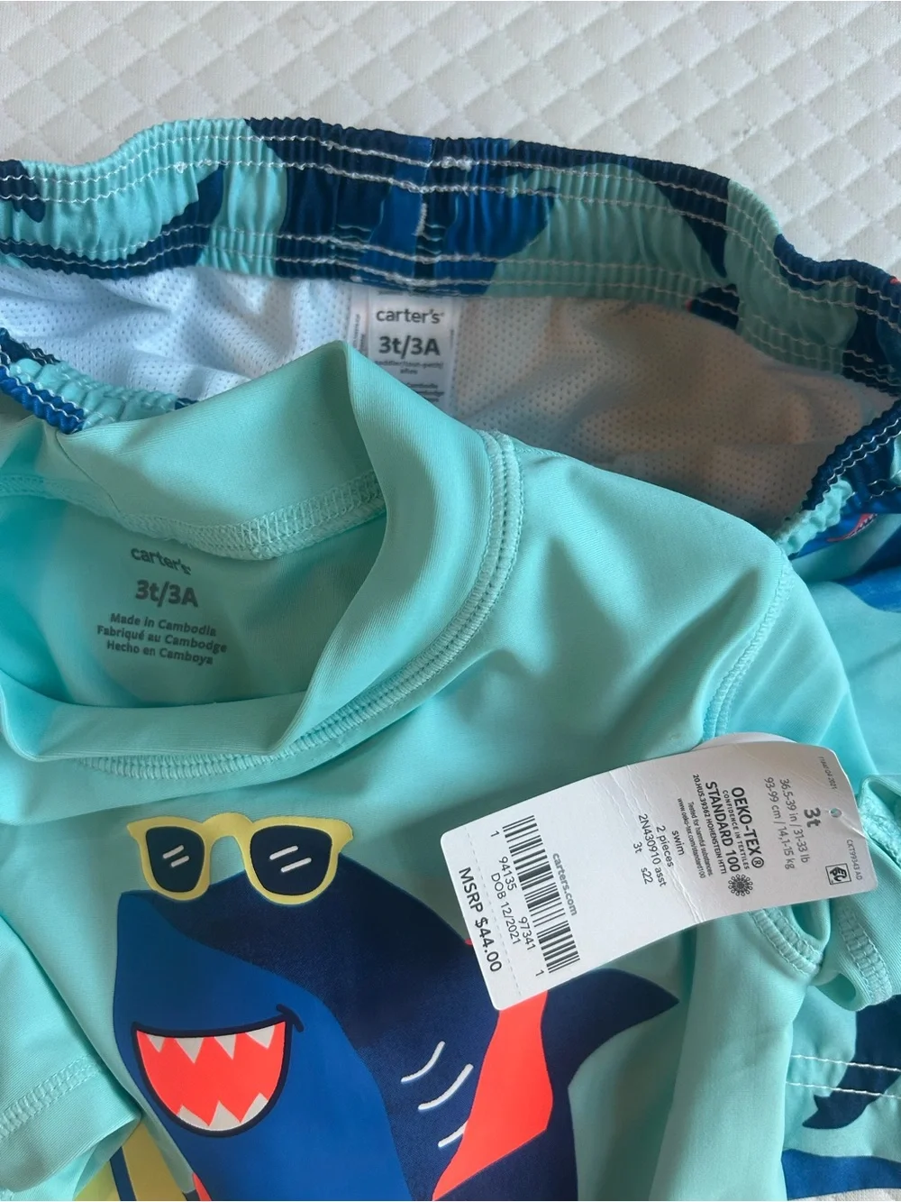 NWT Carter's Boys Light Aqua Shark Rash Guard Set 3T